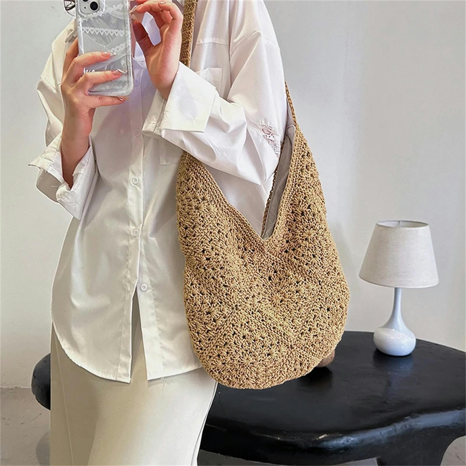 Borsa A Tracolla Borsa Intrecciata da Donna in Tessuto Intrecciato con Paglia Intrecciata per Spalla Integrale Sacca A Manico Completamente Abbinata-Beige
