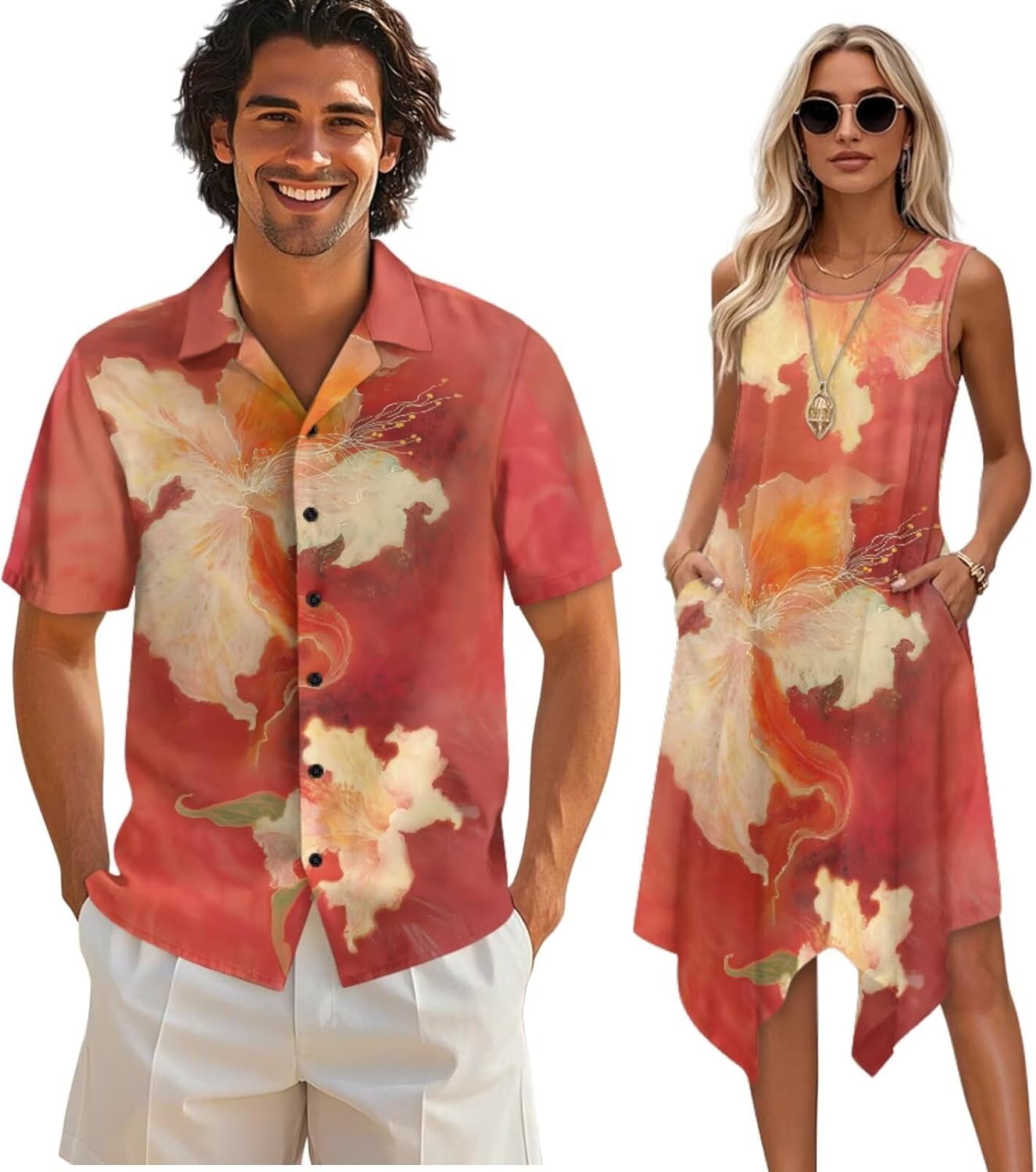 TOADDITDO Womens Sleeveless Tank Dress Mens Short Sleeve Shirts Beach Sundress with Pockets Couples Matching Hawaiian Outfit