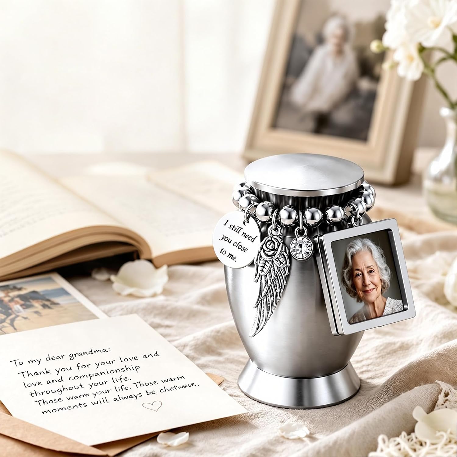 Small Keepsake Cremation Urns for Human Ashes, Small Pet Urn with Photo Frame, Urns for Human Ashes Adult Female Male with Velvet Bag and a Spoon, Memorial Funeral Decor