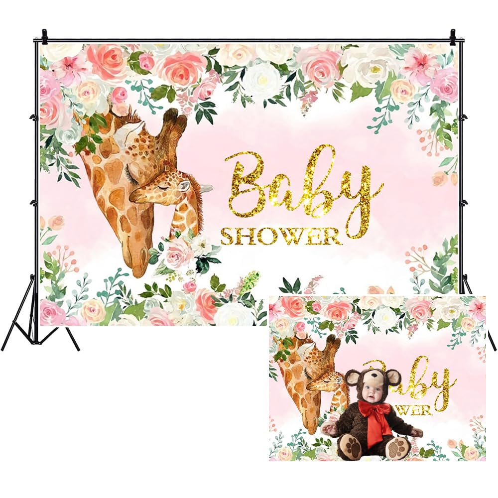 3 x 2,1 m baby shower poliestrowe tło urocza żyrafa różowa biała akwarela kwiaty fotografia tło dziewczyna księżniczka baby shower impreza ciasto stół dekoracja rekwizyty do studia