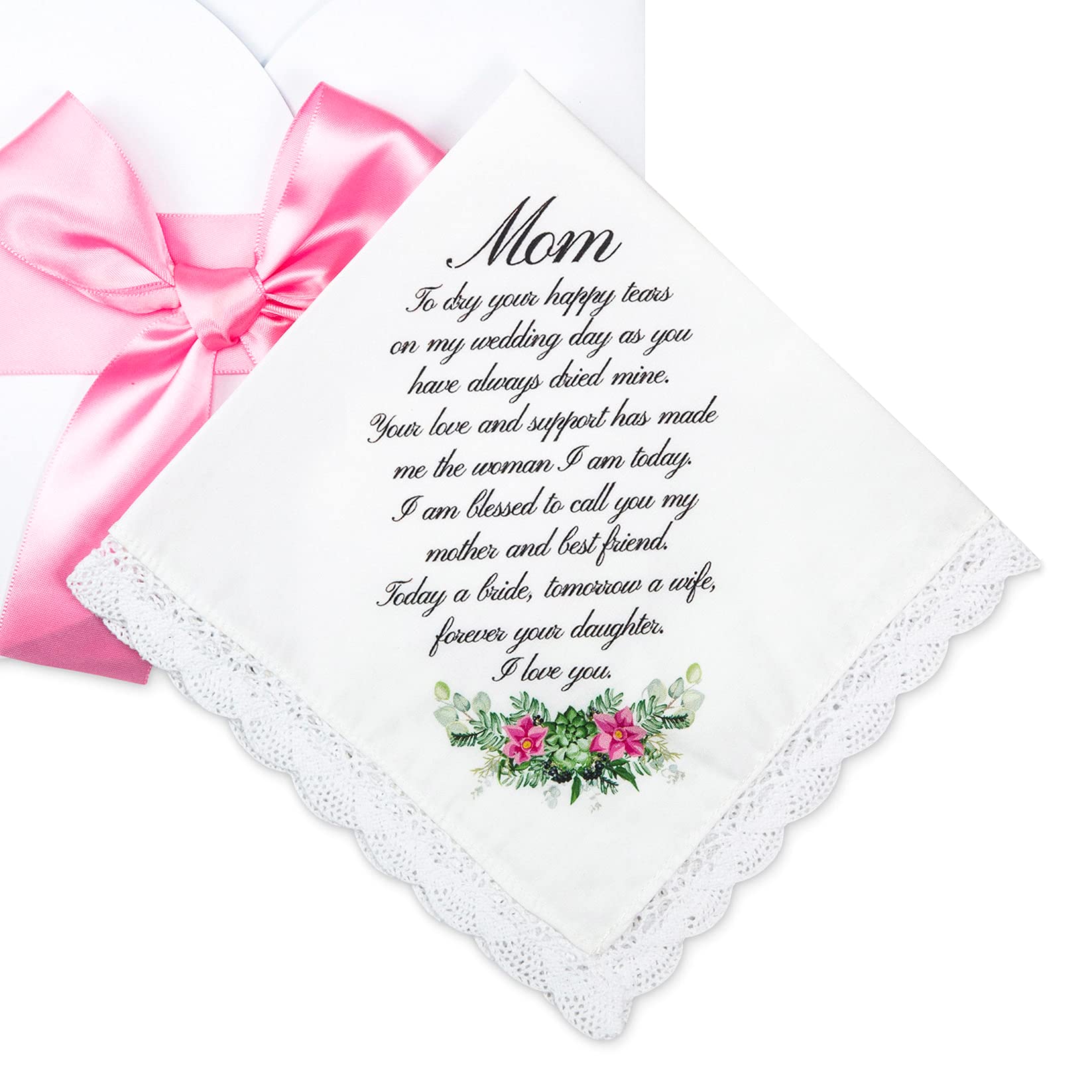 W&F GIFT Digital Print Wedding Handkerchief + Laser Cut Card - Mom & Dad, Mom, 9" x 9"