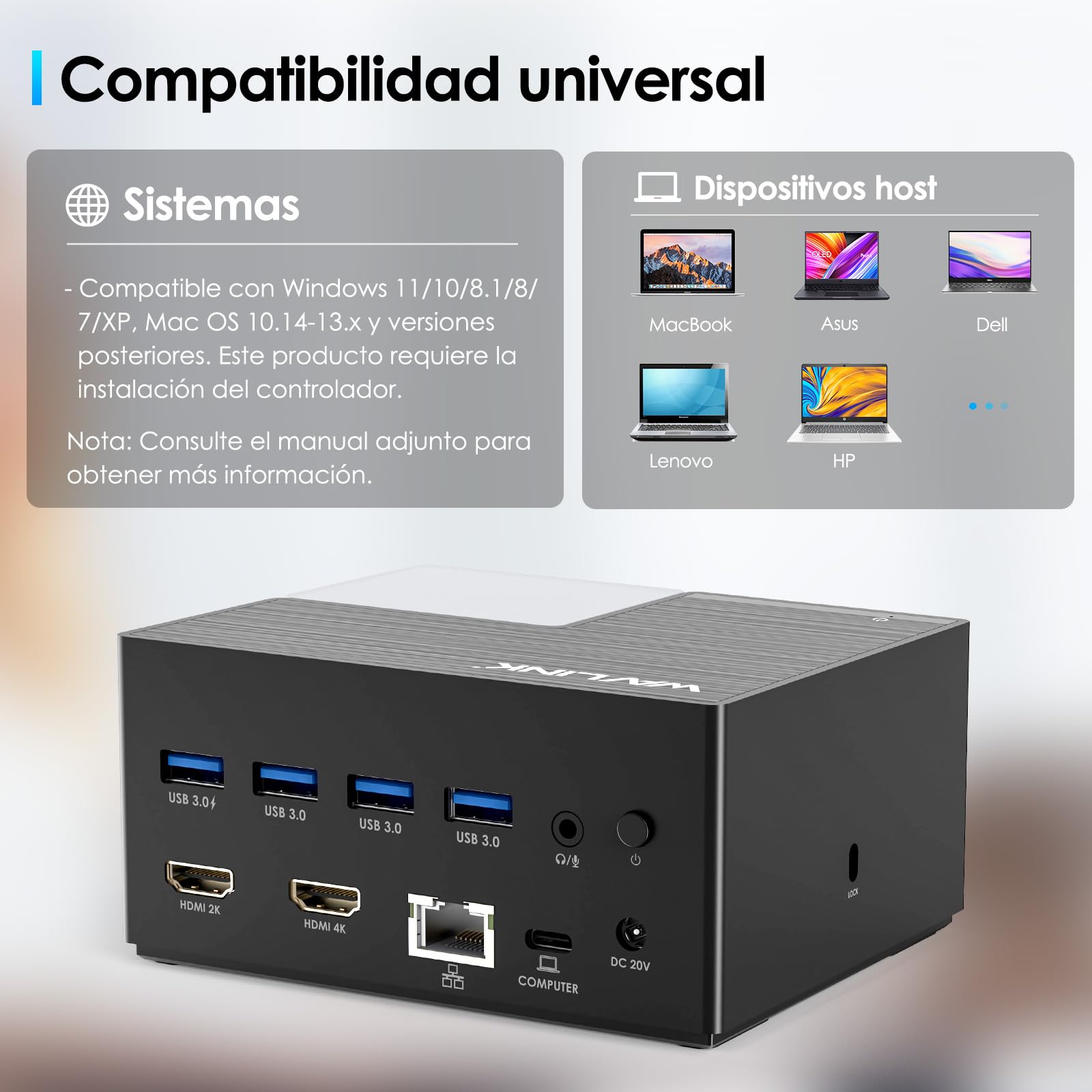 WAVLINK Estación de Acoplamiento USB-C con Dos monitores y 2 Puertos HDMI, estación de Acoplamiento con Doble HDMI, Entrada PD de 130 W, 4 Puertos USB-A, Gigabit Ethernet, Audio, Compatible con Mac