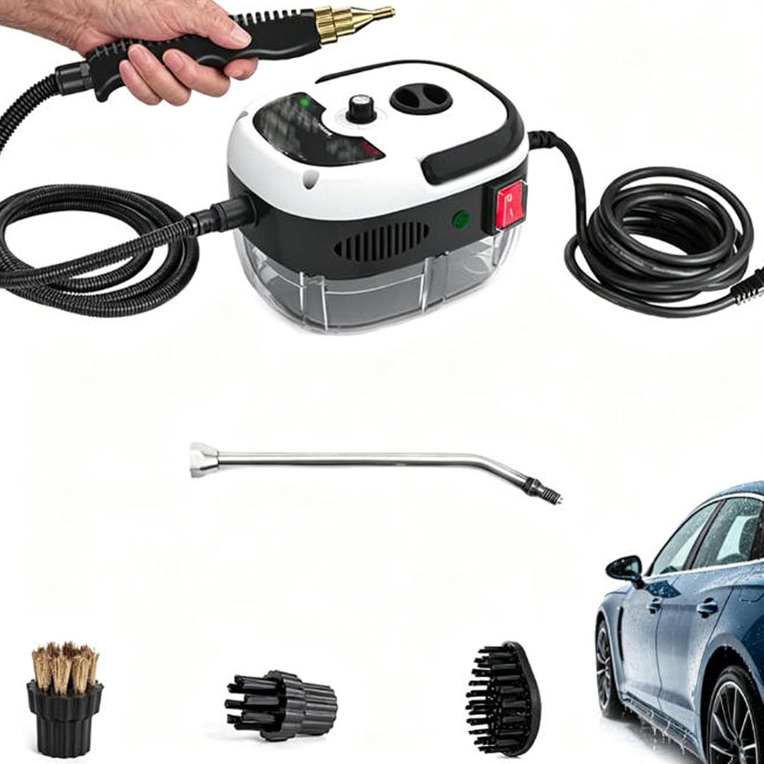 Professional High-Pressure 1000ml Rapid-Heating Steam Cleaner, Vapor Machine Car Cleaner, 2500w Handheld High-Temperature Pressurized Steam Washer Cleaner, For Car Detailing, Home Cleaning (Red)