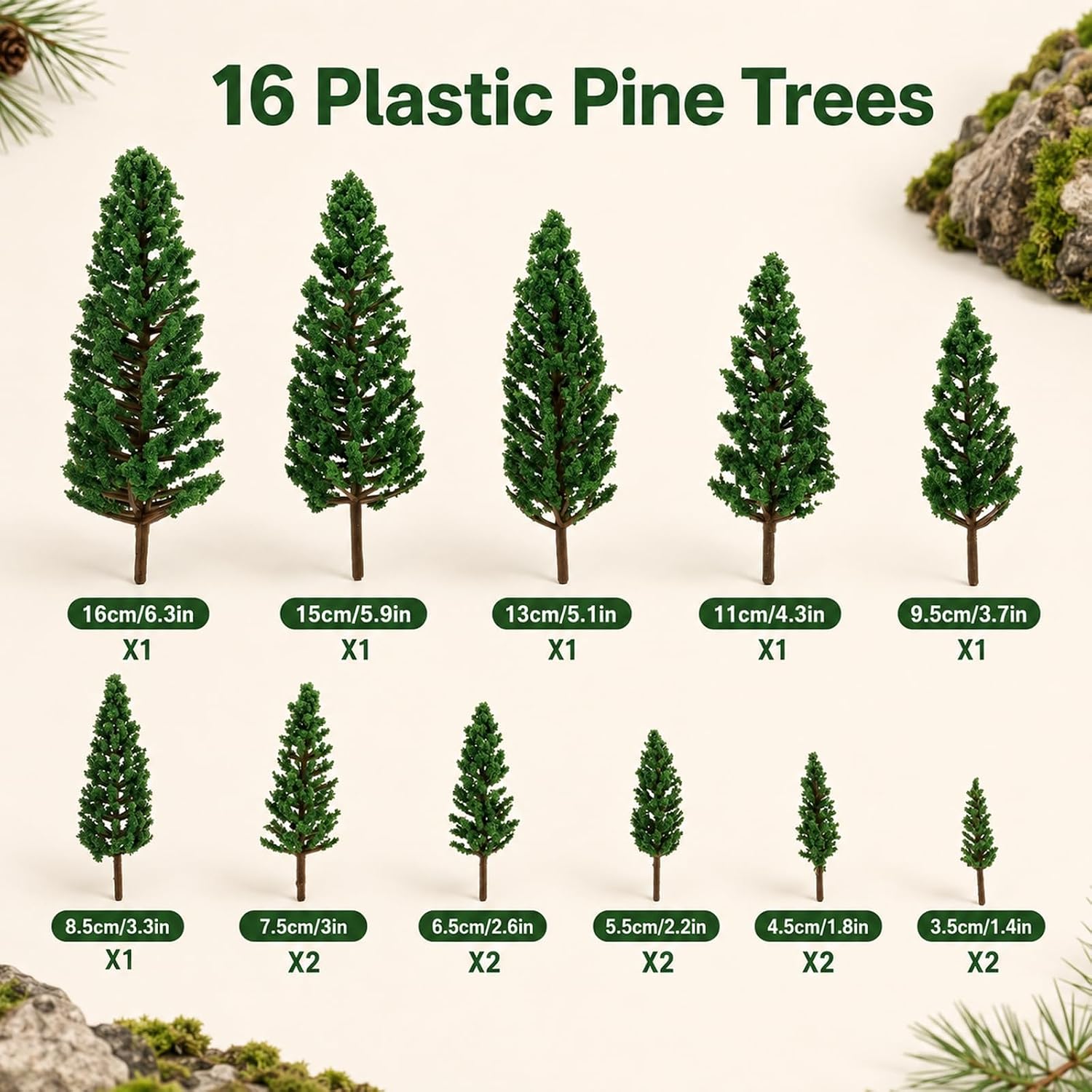 16Pcs Mini Trees Pine Models 1.4-6.3 Inch Miniature Trees Diorama Supplies