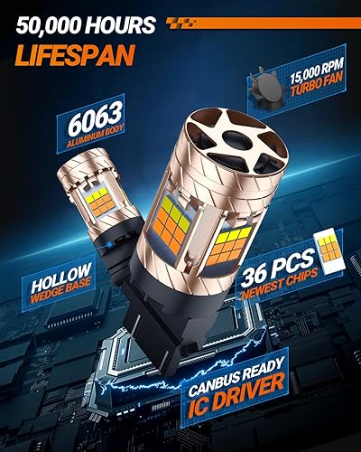 Miniatura 5 de SEALIGHT Bombilla LED 3157 Switchback de doble color, luz LED 3156 anti hiperflash con ventilador turbo, 30 W 3200 lm ámbar para intermitente,