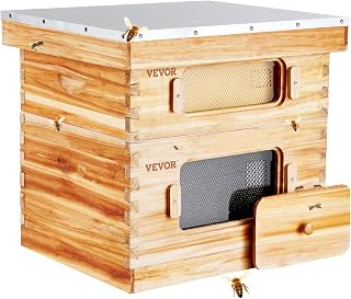 VEVOR Bienenstock, 20 Rahmen, Bienenbeute Zander, mit Bienenwachs beschichtetes Tannenholz, 1 tiefer  1 mittlerer Bienenkasten, Langstroth-Bienenstock-Set, transparente Acrylfenster mit Fundamenten