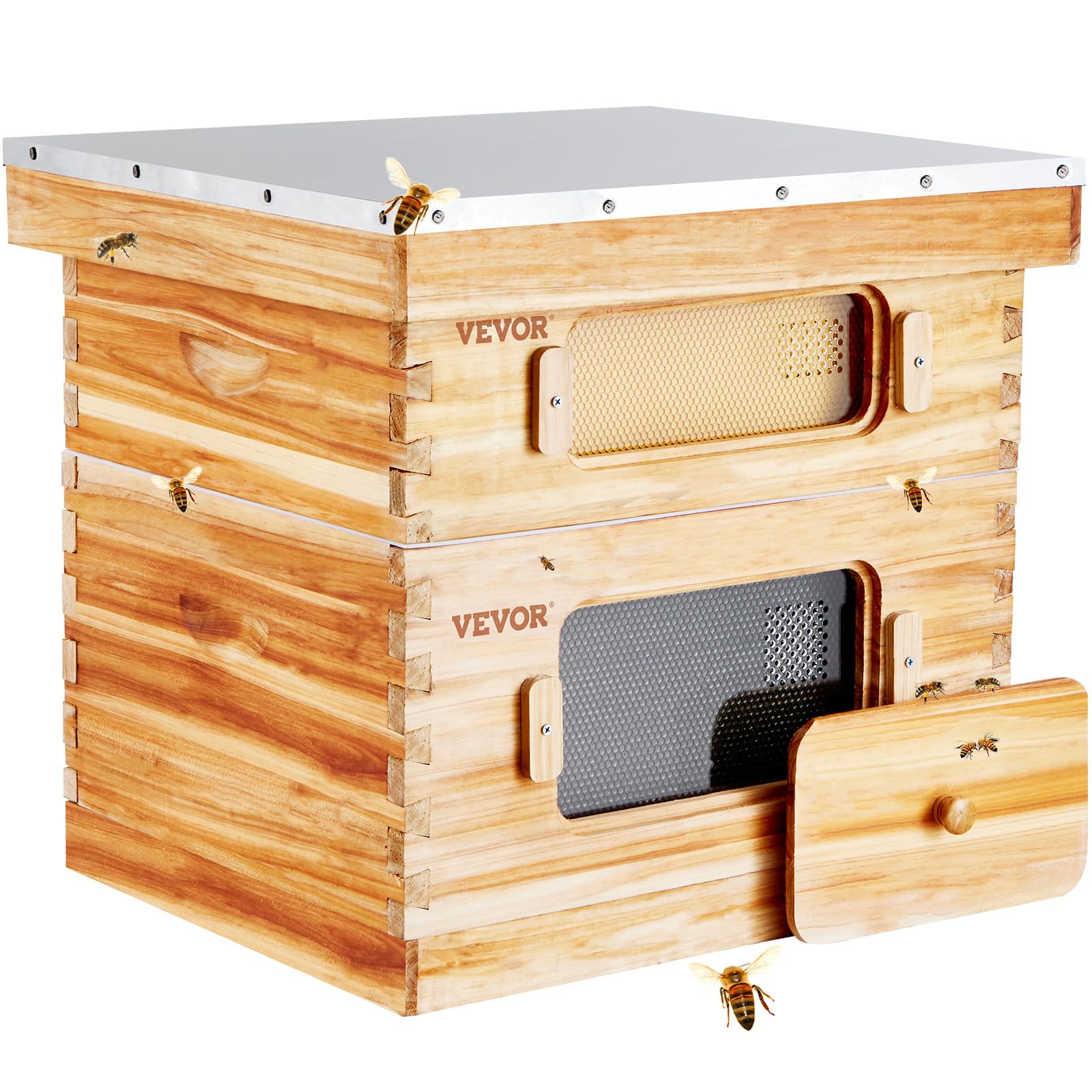 VEVOR Scatola Alveare, 20 favi, Alveare per lucioperca, Legno di cedro rivestito con cera d'api, 1 Scatola per api profonda + 1 Media, Set di alveari Langstroth, Finestre in acrilico trasparente