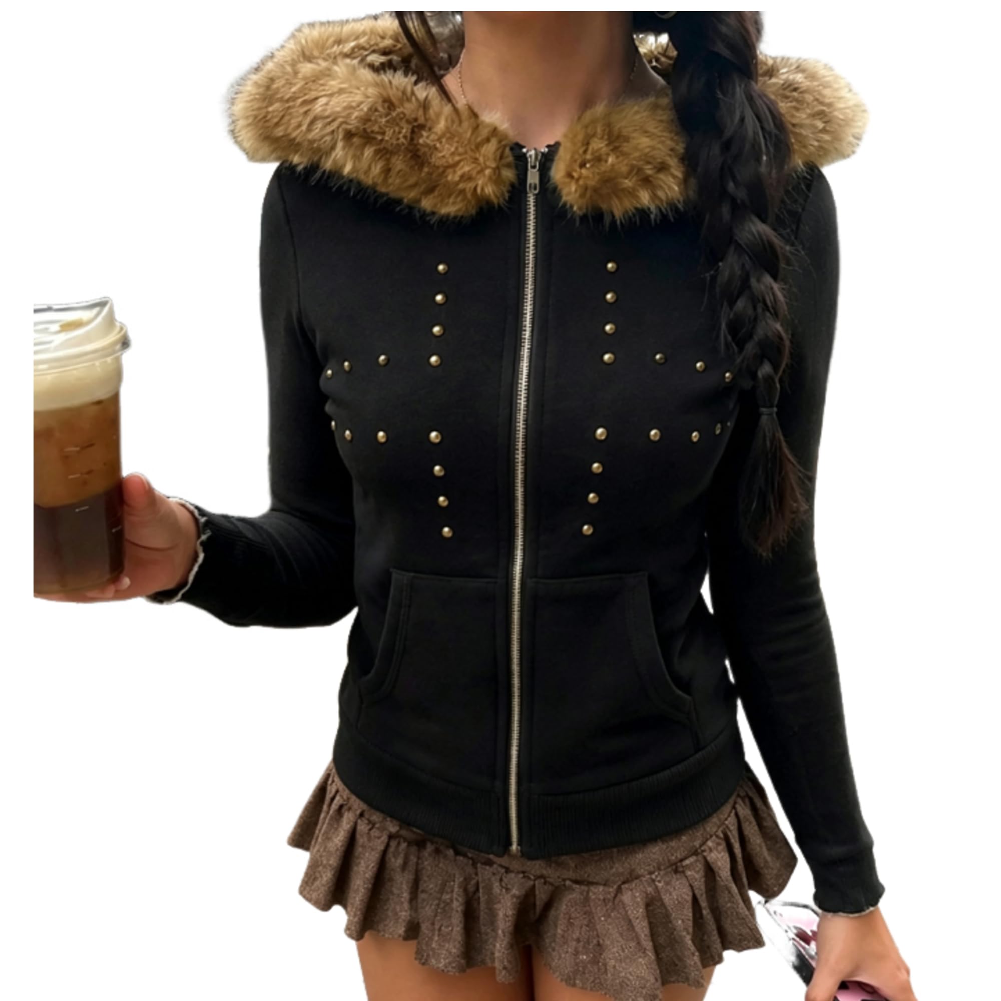 Amazon.com: OANTGM Y2k Zip Up Hoodie Fur Jackets Emo Grunge Crop