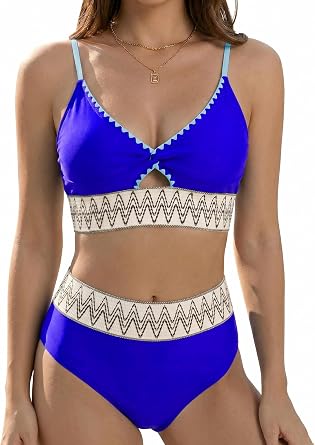 BUAUTY Bikini Sets for Women High Waisted Tummy Control Two Piece Swimsuit V Neck Contrast Trim Bathing Suit