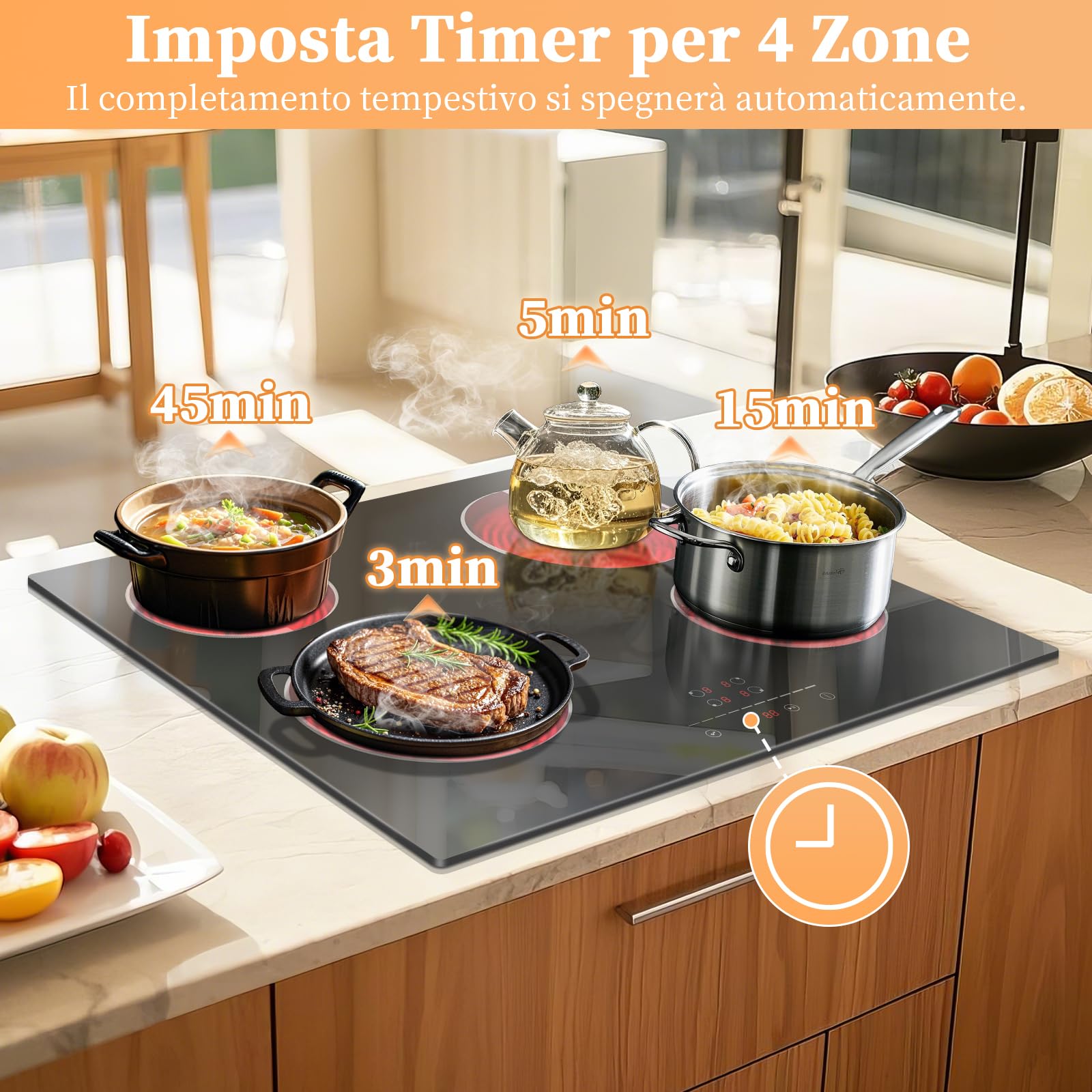 Piano Vetroceramica 4 Fuochi 6000W, Jessier Piano Cottura Elettrico 4 Piastre 9 Livelli di Potenza, Funzione Pausa, Timer, Blocco di Sicurezza