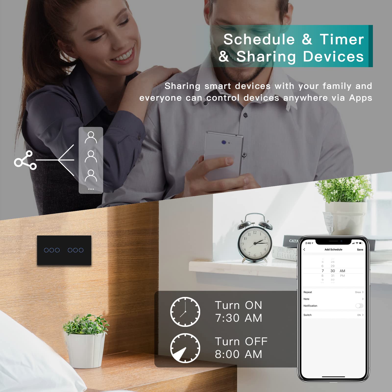 BSEED Smart Alexa włącznik światła Double WiFi Touch włącznik światła ścienny, 3-drożny (wymagany prąd neutralny) Alexa/Tuya/Google Home, szklana szyba 157 x 86, czarna