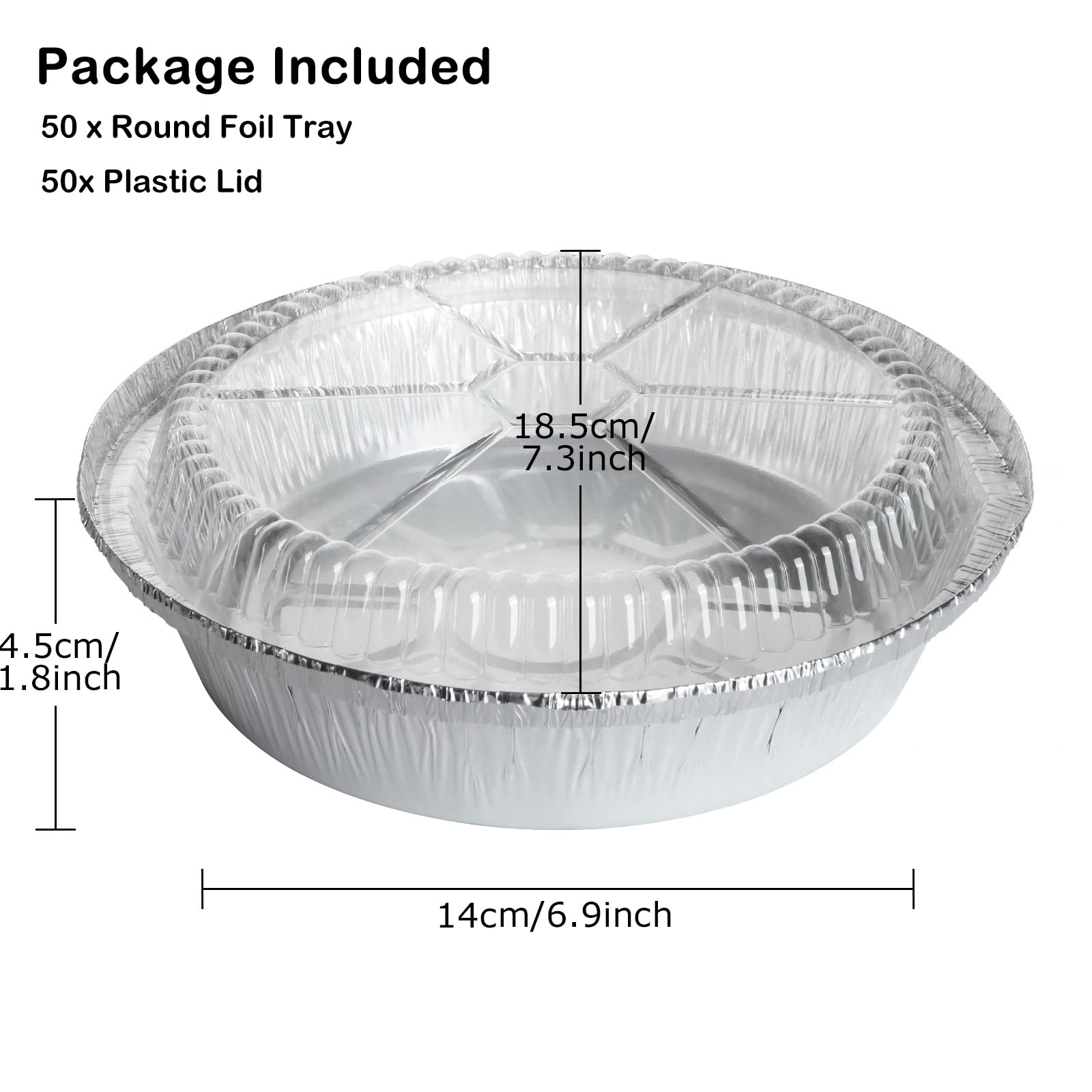 Lot de 50 plateaux ronds en aluminium de 17.8 cm, plateaux ronds en aluminium de 720 ml avec couvercles, fête, barbecue (18.2x4.5 cm)