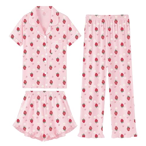 QZH.DUAO 3 Piece Girls Pajama Sets 100% Cotton Ruffle Long Pants with Shorts Sleepwear 3pcs Button Down PJs 5-14 Years