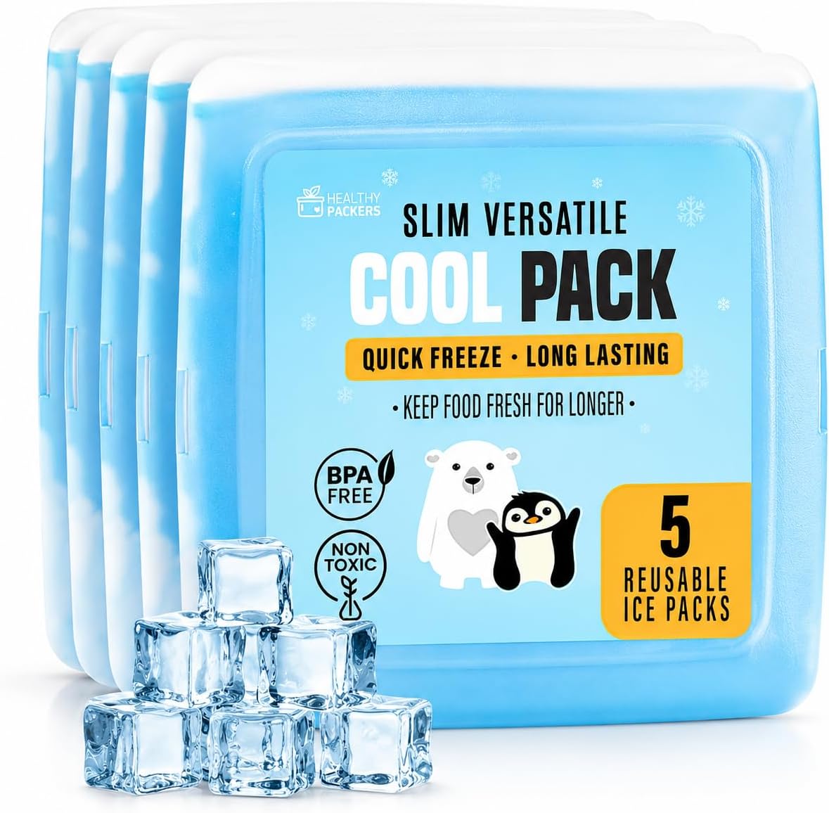 Healthy Packers Ice Packs for Lunch Boxes, Slim, Reusable, Clear 5pk Square
