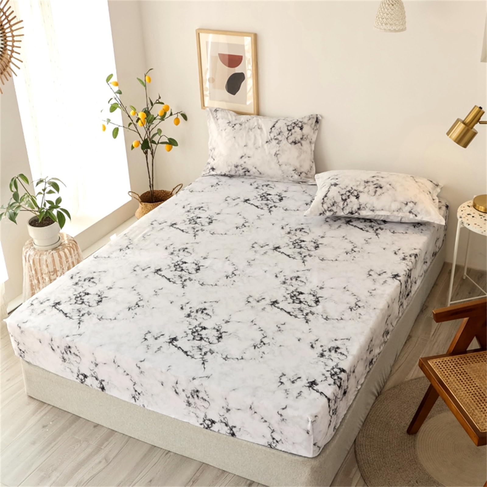 Surwin King Double Single Fitted Sheets, Modern Prints Soft Microfibre Fitted Bed Sheets, 27cm Deep Pocket Fitted Sheet, Print Bedsheets (King,Marble)