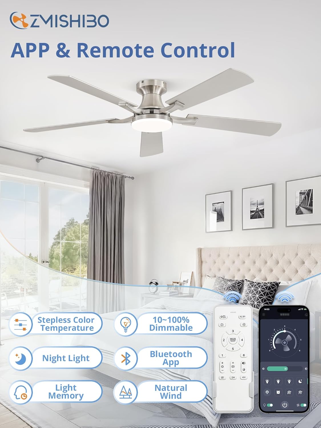 ZMISHIBO 52 Inch Ceiling Fan with Light, App&Remote Control, Flush Mount Low Profile, Dimmable 20W LED Light, Quiet Reversible Motor for Bedroom, Living Room, Apartment, Nickel - Image 2