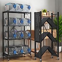 GOARLPEY 4-Tier Foldable Metal Shelves 28"x14"x50" Heavy Duty Garage Kitchen Organizer Bakers Rack Microwave Plant Stand with Locking Wheels