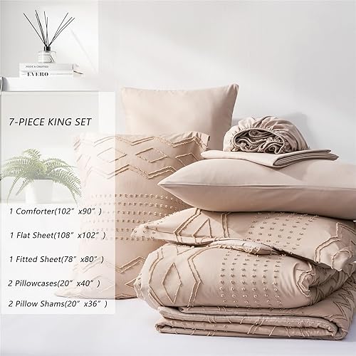 Miniatura 2 de Juego de edredón tamaño King de 7 piezas de ropa de cama bohemia en una bolsa, juego de ropa de cama con textura geométrica, juego de ropa de cama