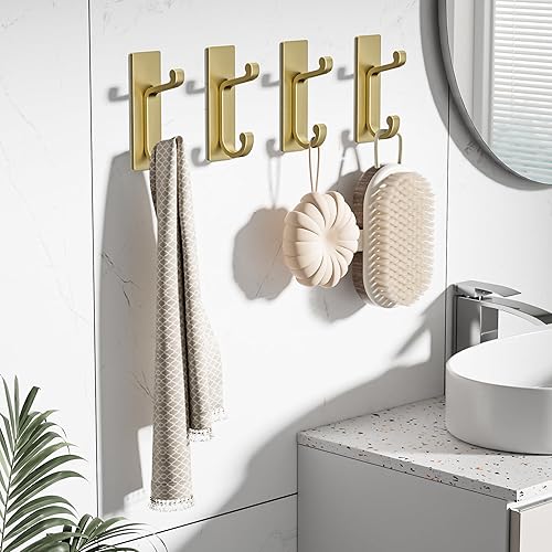 Miniatura 6 de Paquete de 4 ganchos de pared autoadhesivos para abrigos, gancho doble de acero inoxidable resistente para ropa, toallas, llaves, bolso, mochila,