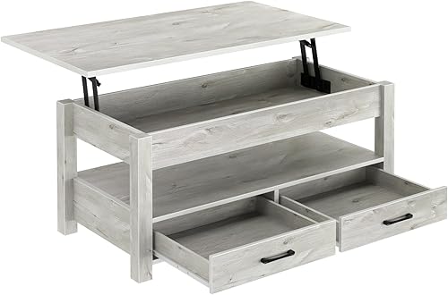 Miniatura 41 de Rolanstar - Mesa auxiliar, mesa de centro con cajones y compartimento oculto, mesa central retro con tablero de elevación de madera, para sala de