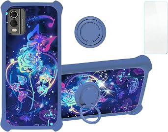 Case for Nokia C32 Case Compatible with Nokia C32 Phone Case Cover [with Tempered Glass Screen Protector][PC + TPU 2 in 1][Ring Support] [Colorful Reflect Light] IMDL-LMG