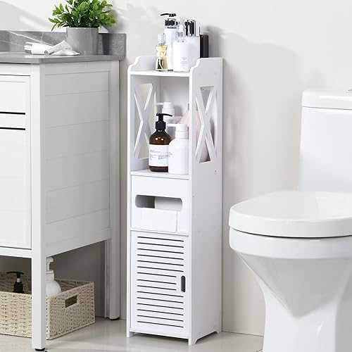 Miniatura 1 de Armario de almacenamiento pequeño para baño estante de papel higiénico con puertas y caja de rejillas estante abierto multifuncional fácil de montar