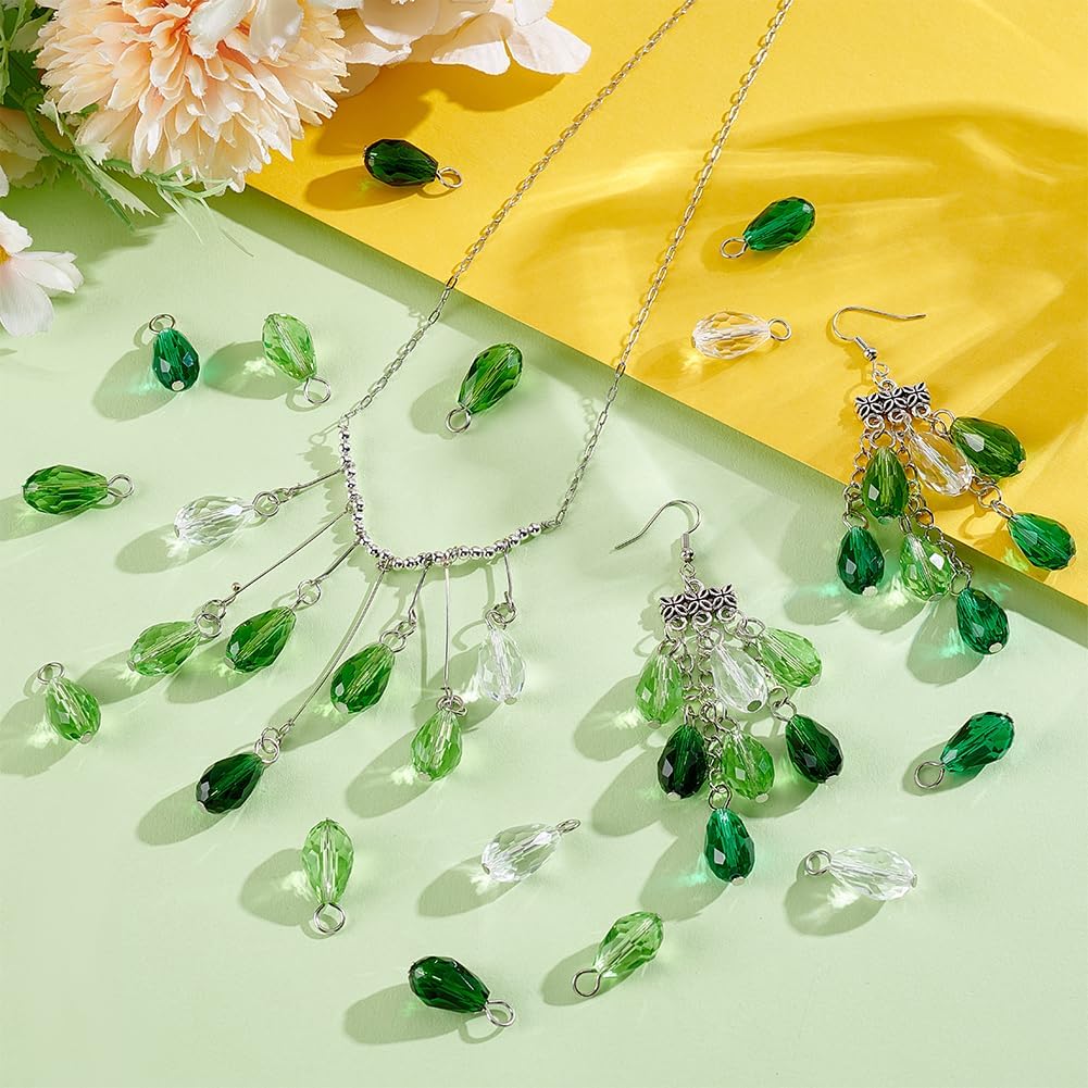 PH PandaHall 50pcs Faceted Teardrop Charms 5 Colors Transparent Glass Crystal Pendants 0.8" Green Series Glass Charms Dangle Pendants for Necklace Earring Bracelet Jewelry Craft Making - Image 2