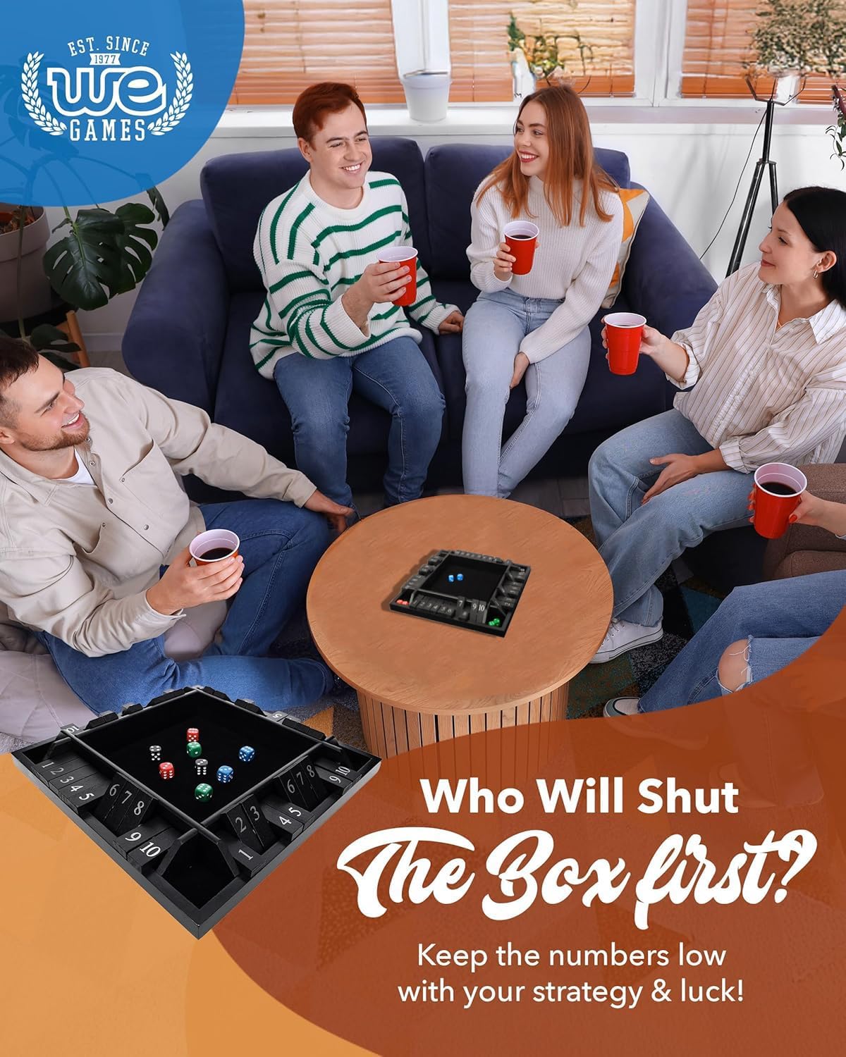 WE Games Shut the Box Wooden Board Game - Classic 4-Player Table Top Math Dice Game, Black Stained Wood, 8.5 in. Travel Size, 10 Numbers, for Families and Adults