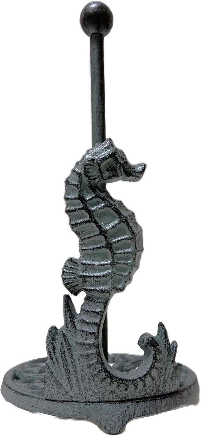 BestGiftEver Seahorse Paper Towel Holder - Coastal Kitchen & Dining Decor with Rustic Patina, Nautical Freestanding Design in Beach House Style for Sea Animal Lover