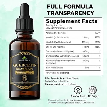 HERBALICIOUS Quercetin Bromelain Liquid with Resveratrol, Zinc, Vitamin C & D3 Immune Support Drops 4 fl oz (120 mL) Fast Absorption Non-GMO Dietary Supplement
