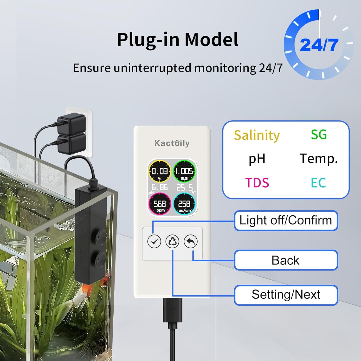 Kactoily 6-in-1 Aquarium Water Test Monitor display unit showing readings for Salinity, SG, pH, Temp, TDS, and EC, with labeled buttons for Light off/Confirm, Back, and Setting/Next.