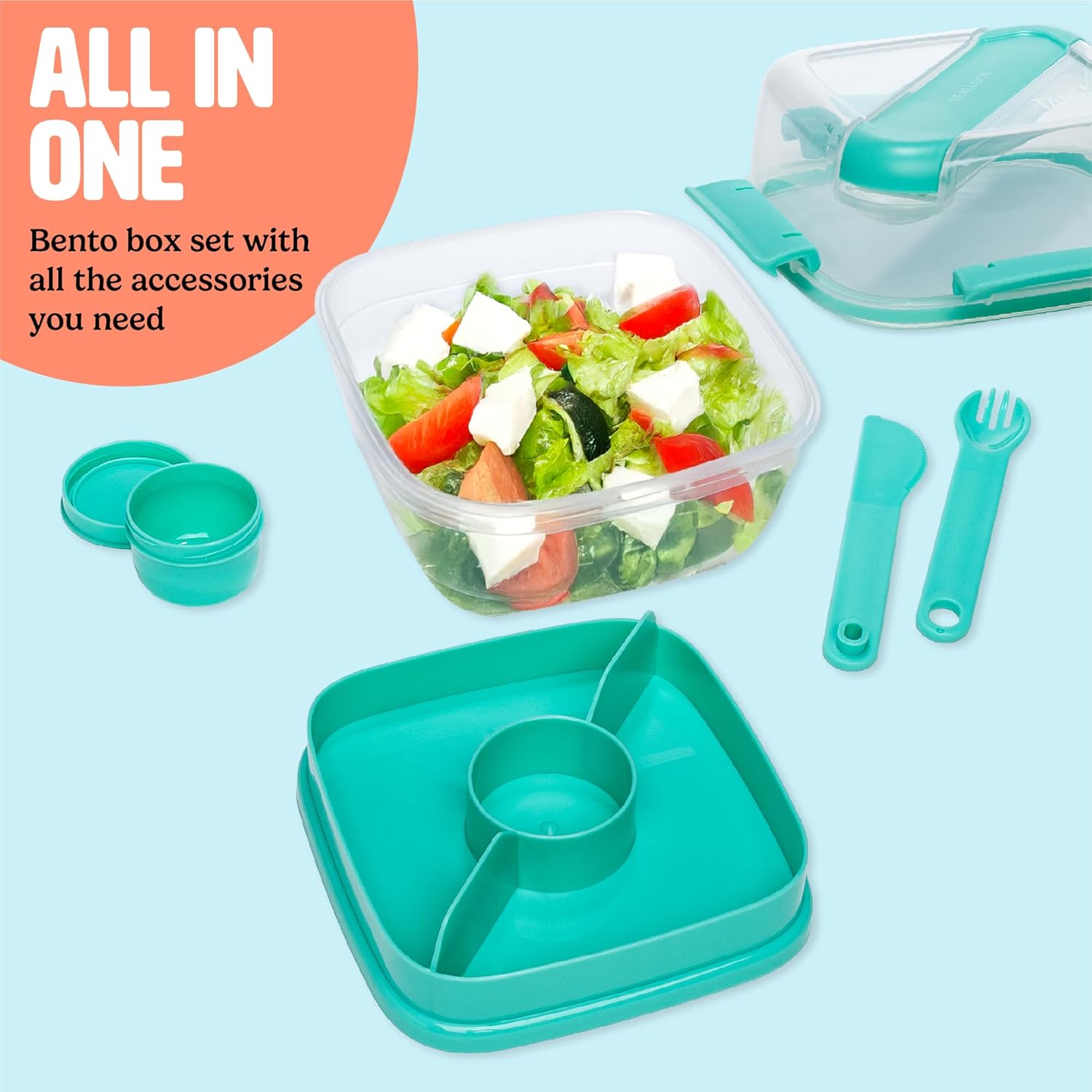 Tasty Stackable Bento Box, 37 oz Base with Removable Toppings Tray & Sauce Cup, Includes Knife & Spork, Easy-Latch Lid, Dishwasher Safe, Aqua