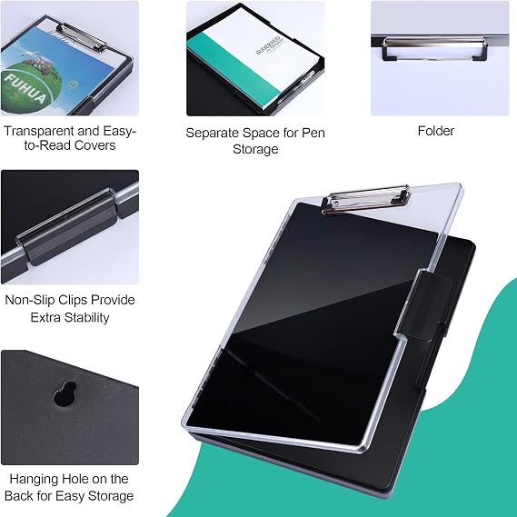 FRETONBA Clipboard A4 with Storage, Plastic Clip Board with Pen Holder, Portable Personalised Clipboard with Cover, Folder Box with Dual Compartment for School, Industry, Office Supplies, Black