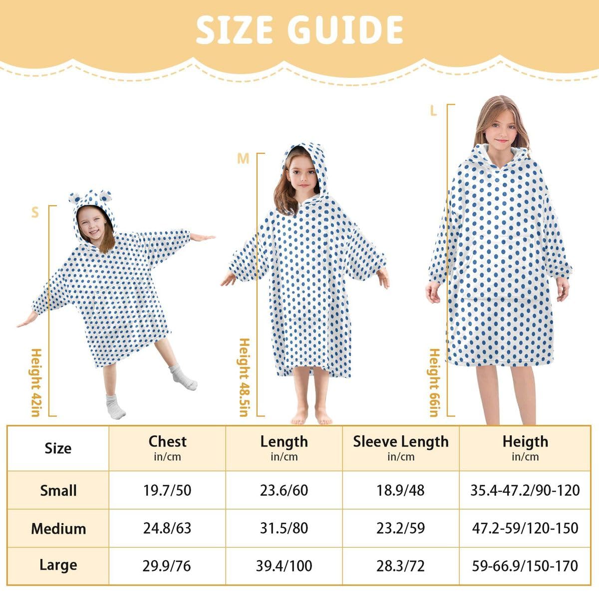 Niebieskie kropki dziecięcy koc do noszenia z kapturem oversize bluza koc sweter geometryczne kropki dla chłopców i dziewcząt w wieku 3-14 lat