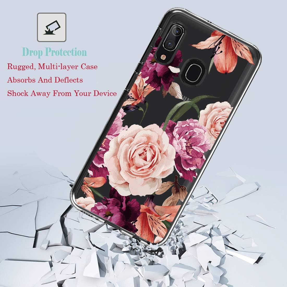 Galaxy A30 Case, Galaxy A20 Phone Case with Flowers, Ueokeird Slim Shockproof Clear Floral Pattern Soft Flexible TPU Back Phone Cover for Samsung Galaxy A30 / A20 (Purple Flower)