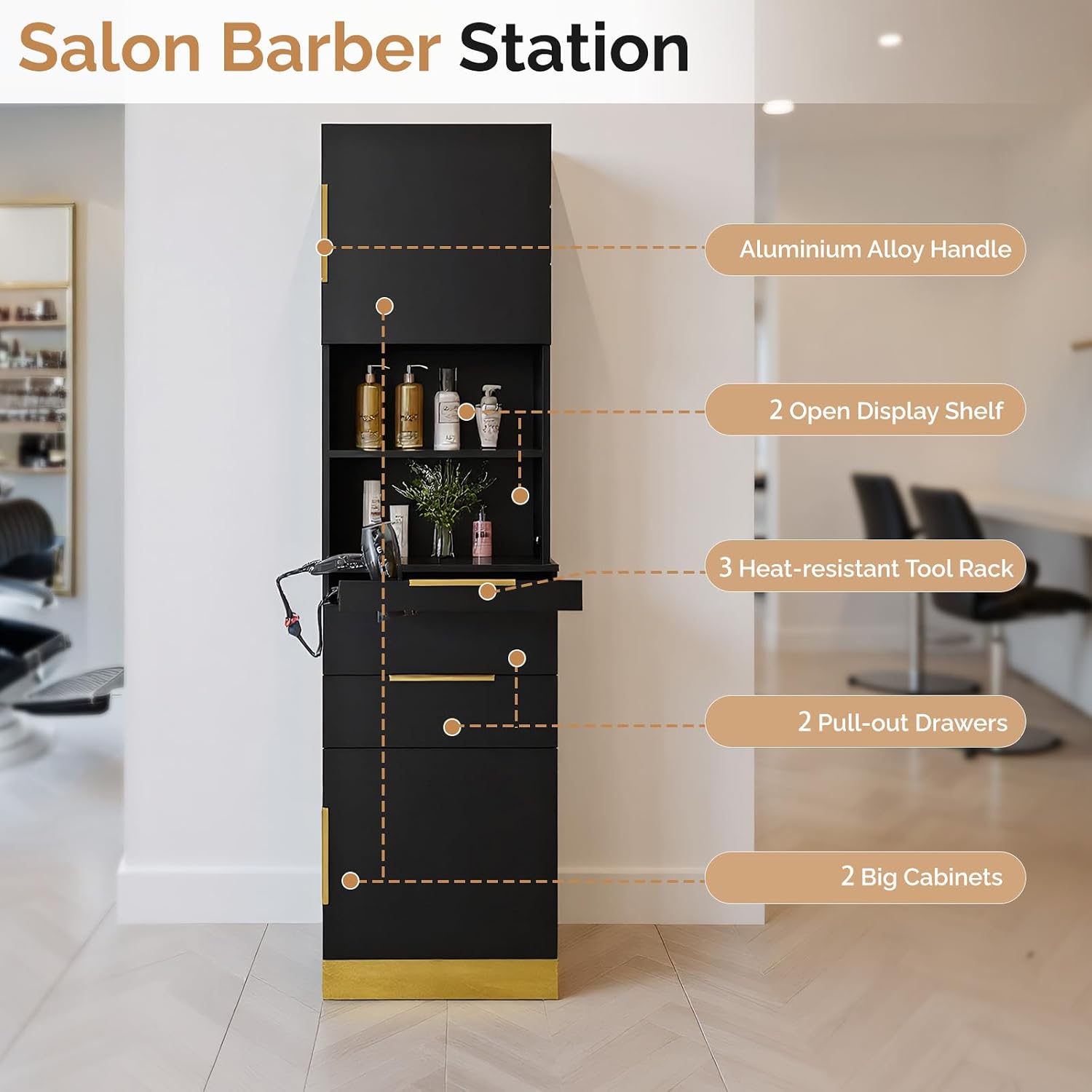 OmySalon Salon Station, Barber Station for Hair Stylist, Beauty Storage Cabinet with Stainless Steel Finish & Drawers & Dryer Holders, Modern Spa Equipment for Barbershop, Black