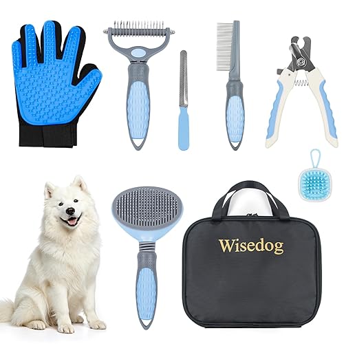 Wisedog Kit de aseo para perros, 7 piezas, cortaúñas para gatos con lima de uñas, peine desengrasante para perros, peine de pulgas, cepillo de baño,