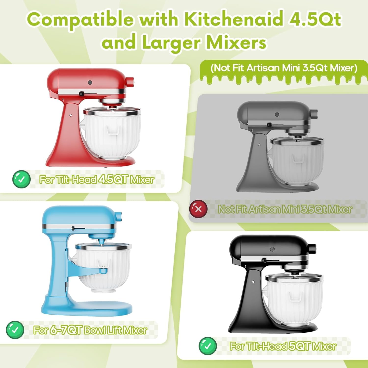 2 Quart Ice Cream Maker Attachment for KitchenAid Stand Mixers, Fits 4.5QT and Larger Mixers