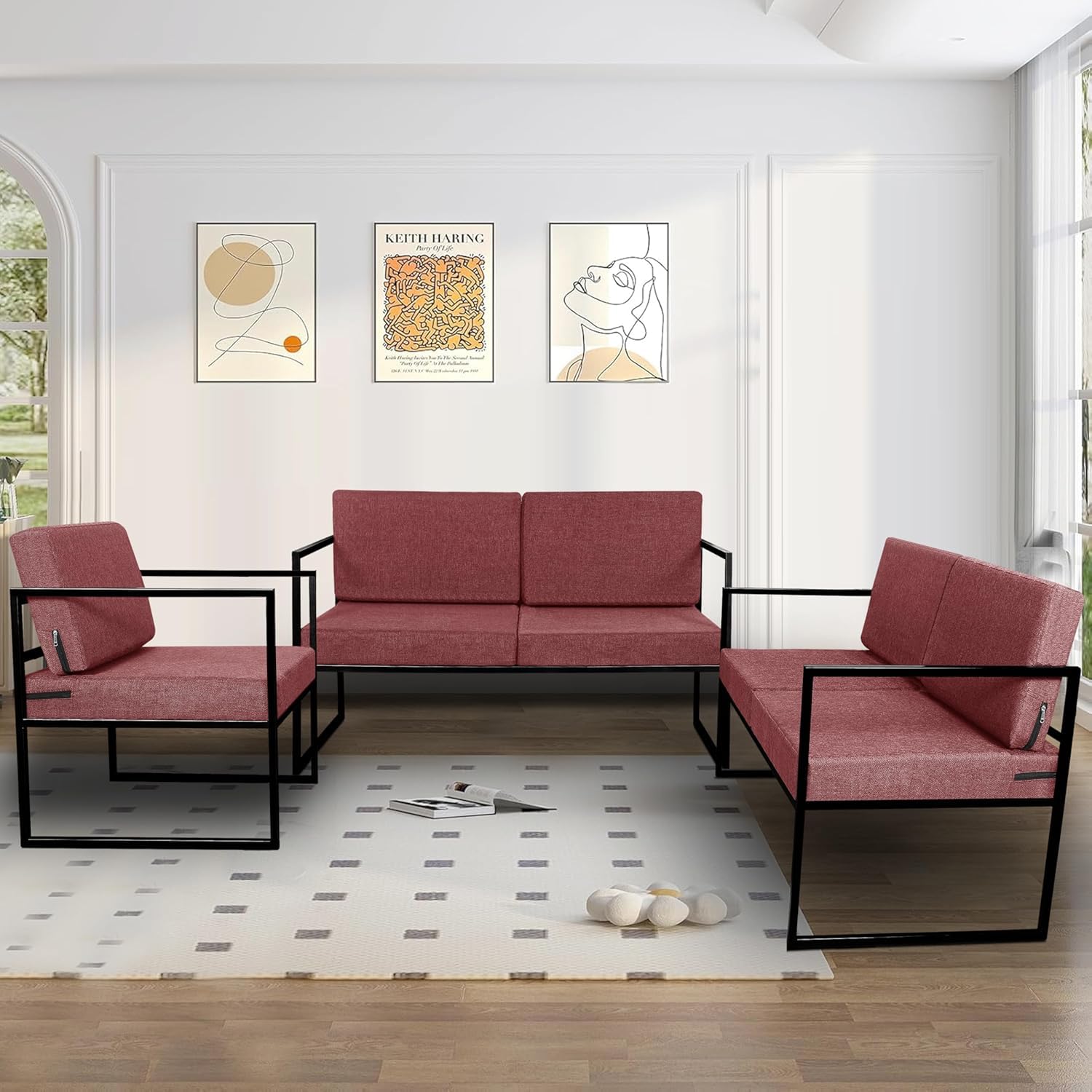 CloudyfeelCloudyfeel Metal Sofa |2 + 2 + 1 Seater| Sofa Set Outdoor/Indoor with Jute Fabric - Stylish and Durable Seating - Red Color