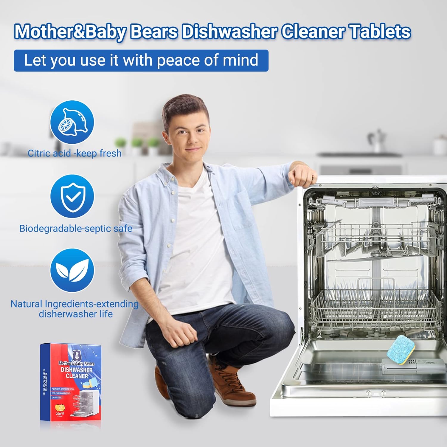 Dishwasher Cleaner Tablets, Mother&Baby Bears Dishwasher Cleaner and Deodorizer, 14 Count Natural Dishwasher Tablets, Formulated to Clean Dish washer machines,Remove Residual Grease & Limescale. : Health & Household