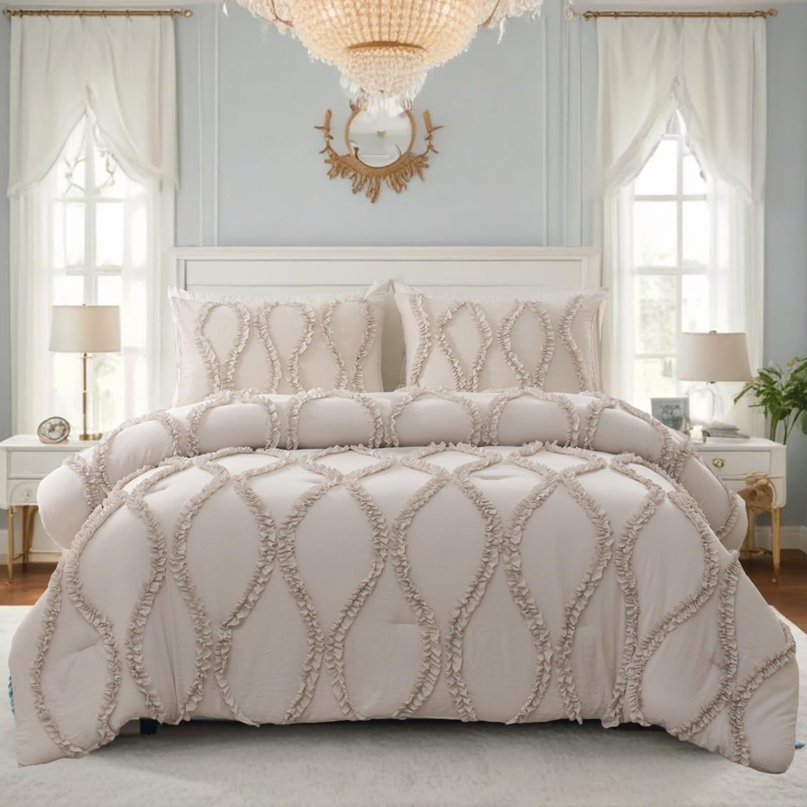 Bedbay Ruffle Comforter Queen Size,Country Farmhouse Bedding Sets,Ruffled Queen Shabby Chic Comforter Bed Set Beige Grey 3 Pcs Ruffle Bedding for Women Girls(Tan Beige,Queen)