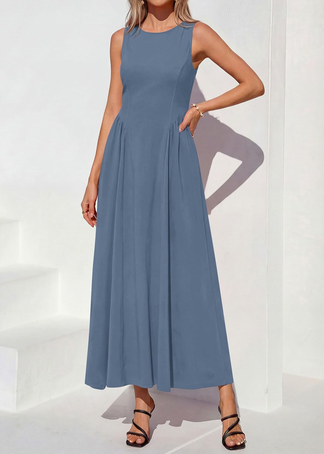 KIRUNDO Wedding Guest Dresses for Women 2026 Summer Semi Formal Work Sleeveless Elegant Boat Neck Flowy A Line Maxi Dress