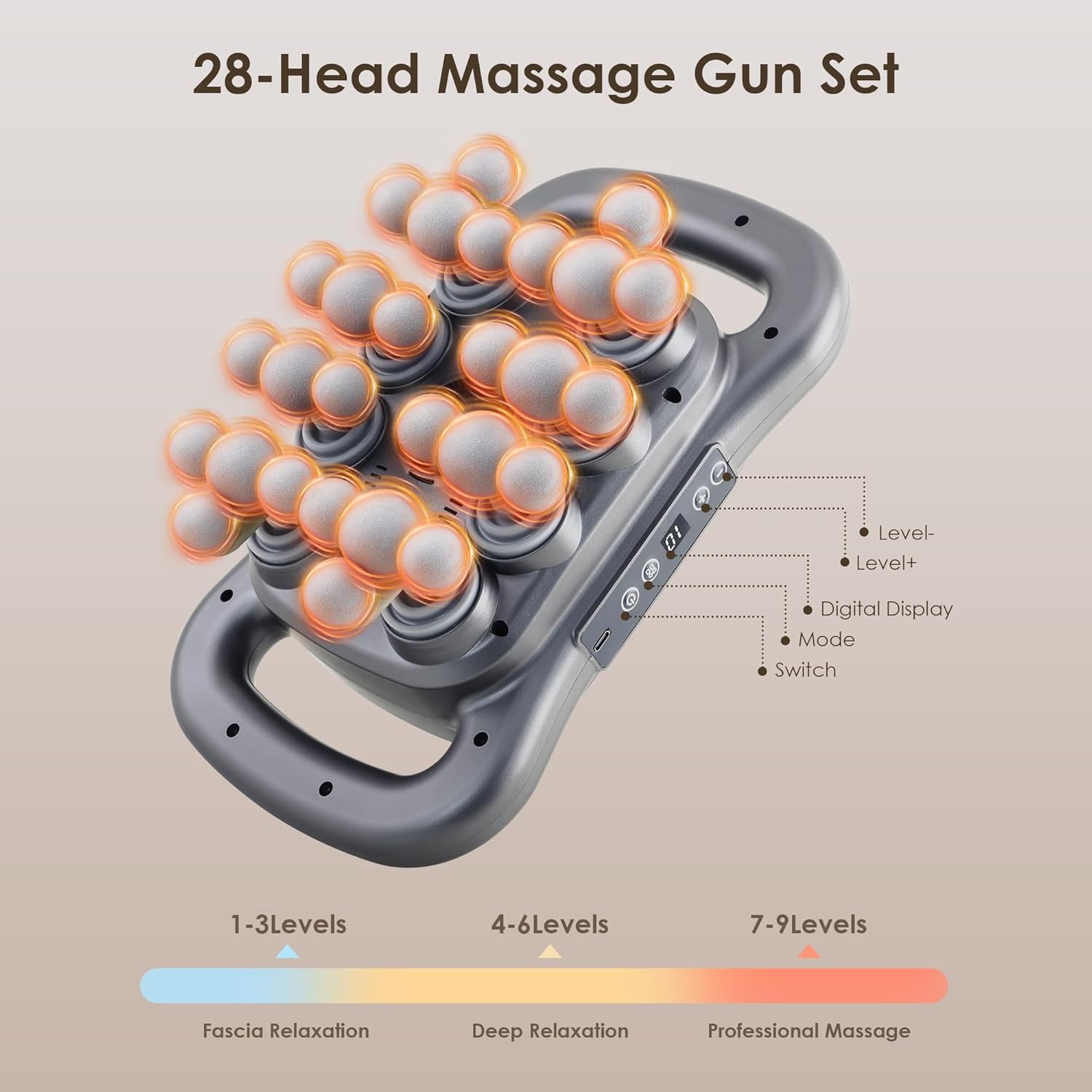 28 Head Massage Gun Set, Deep Tissue Percussion Massager, Electric Massage Tools with 9 Styles & Levels, Dark Grey