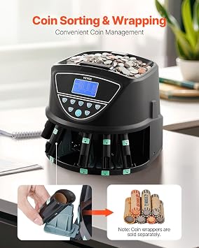 VEVOR Upgraded Coin Counter, Coin Sorter and Wrapper Machine with Handle, Intuitive Large Display, Change Counter for USD Coins 1 5 10 25 $1, Sorts up to 300 Coins/Min, with 5 Coin Tubes & 5 Trays