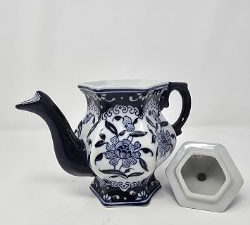 Teapot Blue and White Porcelain 16 Ounce China, Coffee Pot, Hexagonal
