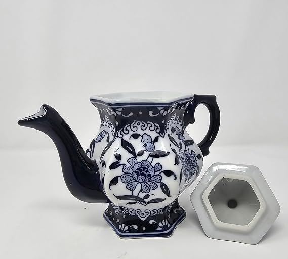 Teapot Blue and White Porcelain 16 Ounce China, Coffee Pot, Hexagonal