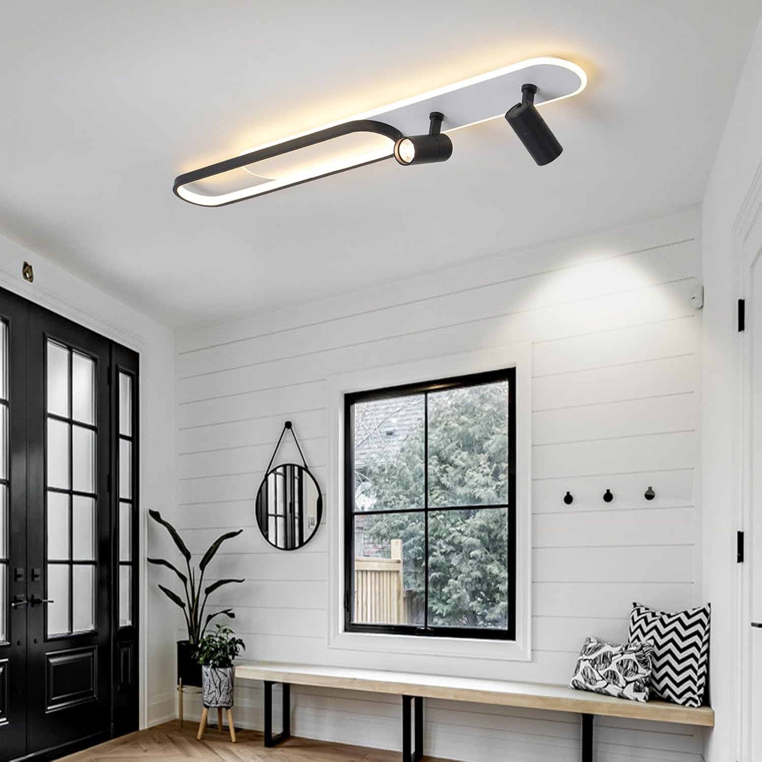 Modern LED Ceiling Light with 2 Spotlights 50W Black Linear Ceiling Light with Remote Control Dimmable (3000-6000k) 39.3Inch Room Ceiling Lamp for Living Room Bedroom Kitchen Laundry Hallway