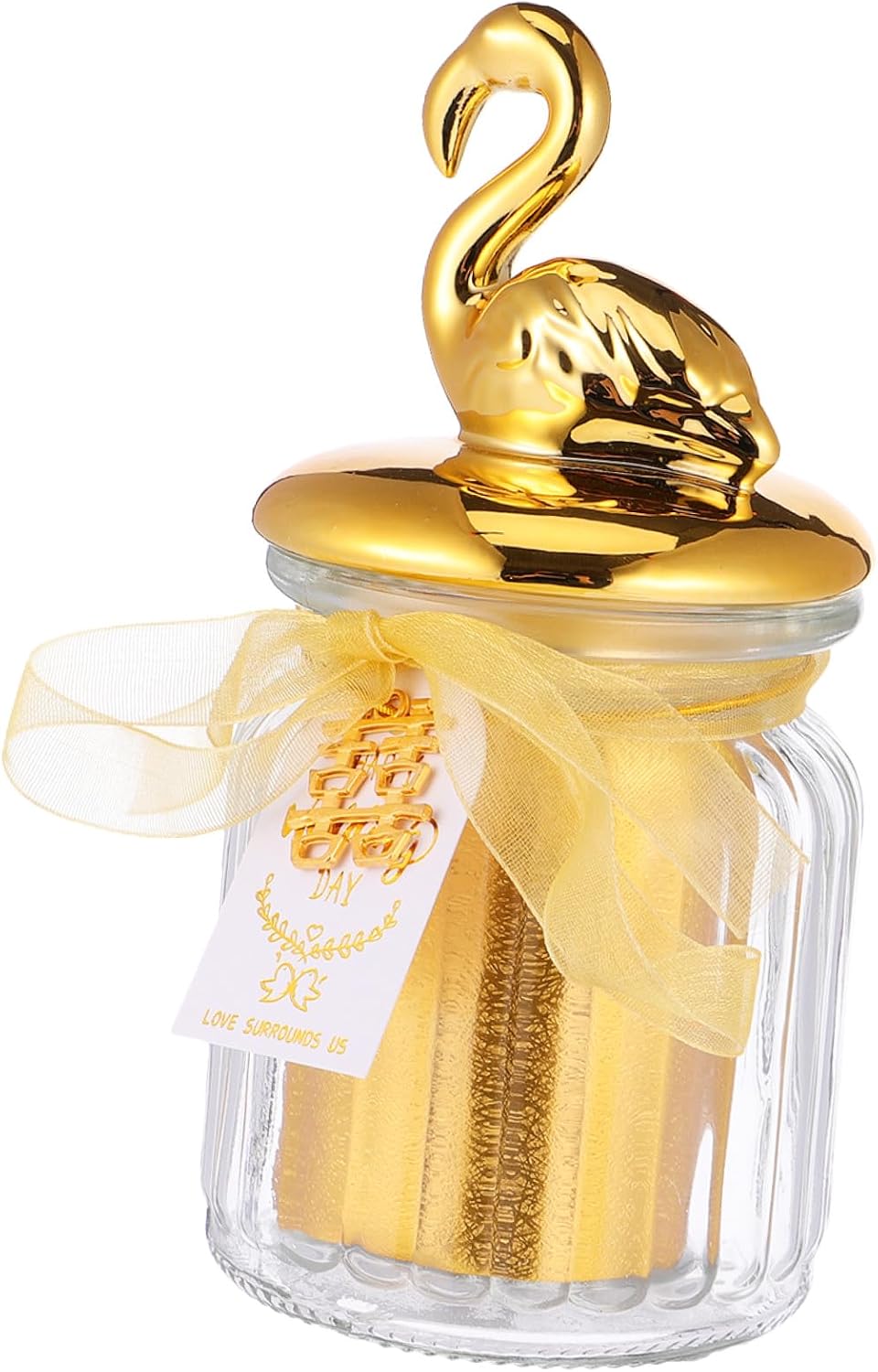 Ceramic Candy Jar with Glass Lid and Gold-tone Closure, Flamingo Animal Design Candy Storage Can for Wedding Party Favors and Event Snacks Container