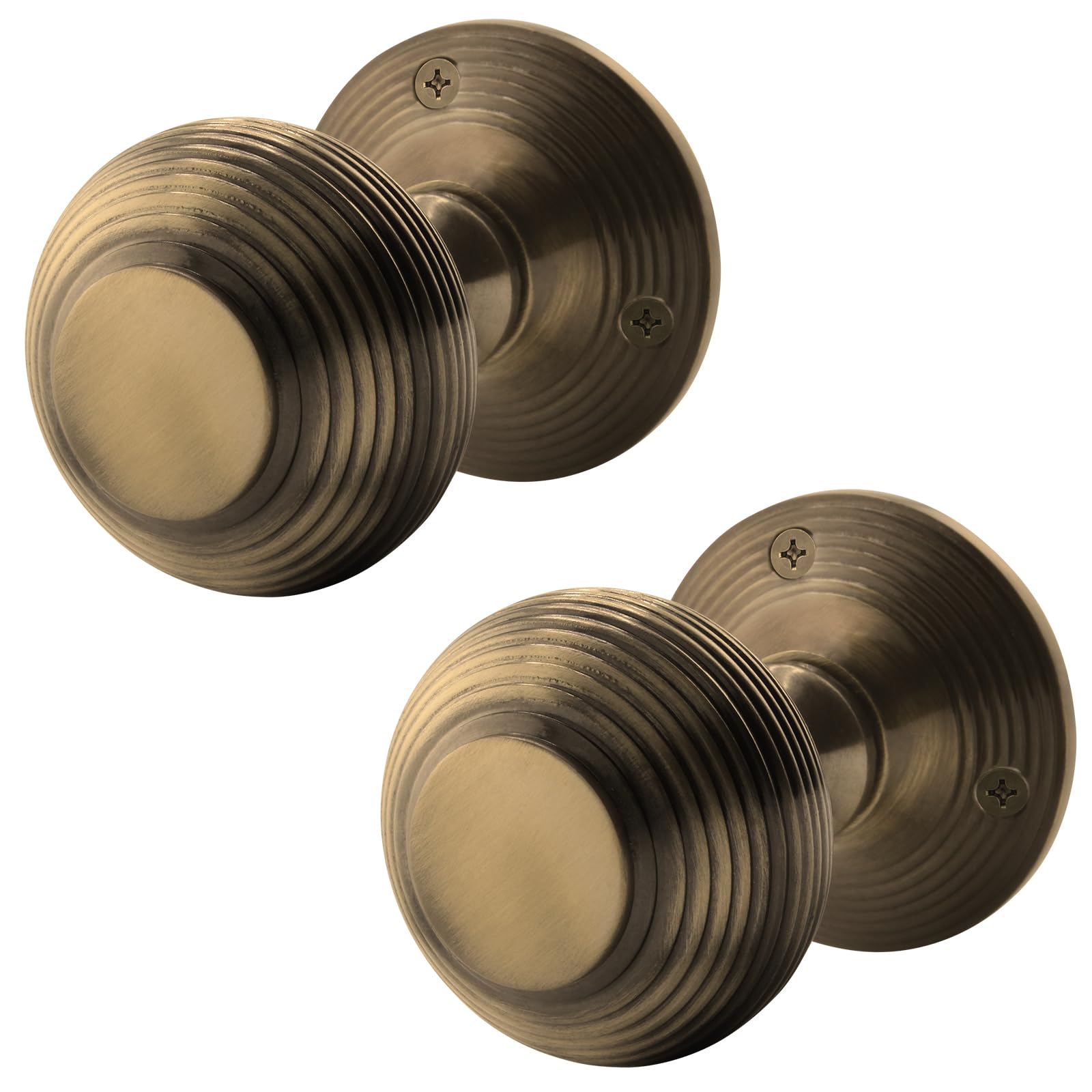 EAI Beehive Door Knobs Antique Brass | 1 Pair of Reeded Mortice Knobs (55mm) for Internal Doors