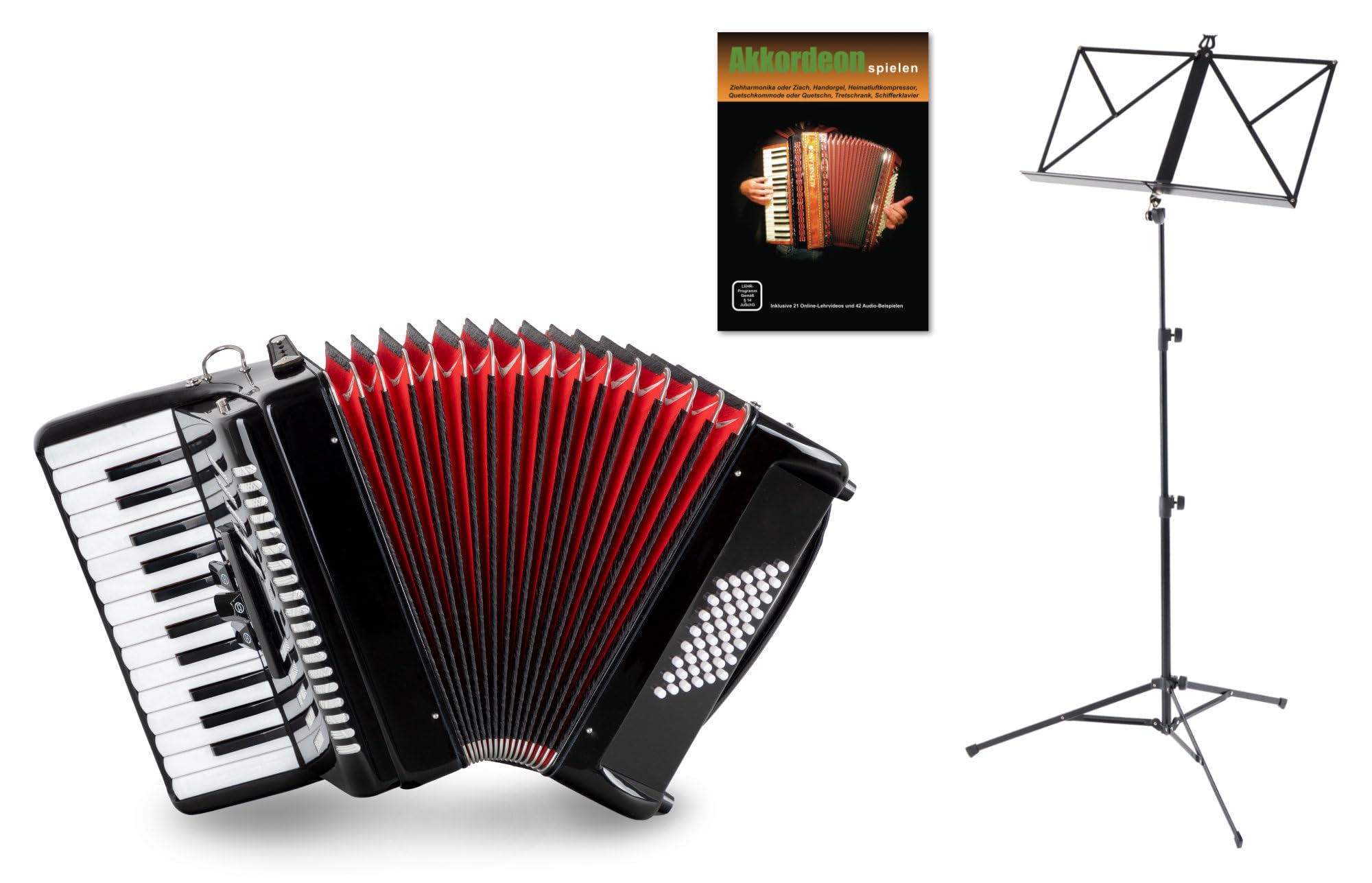 Classic Cantabile 48-Bass Akkordeon 'Secondo V' Set (inkl. Tasche, Riemen, Notenständer & Akkordeon Schule) Schwarz Hochglanz